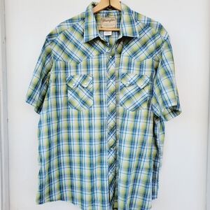 Wrangler Vintage Western Pearl Snap Pockets Short Sleeve Shirt Green Size 2X